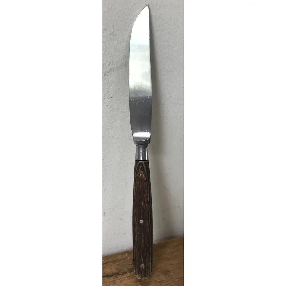 Set Lot 7 Vtg Mid Century Wood Wooden Handle Serrated Steak Knives 4.25” Blade